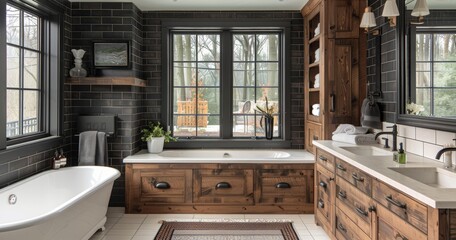 Modern Bathroom Design with Wooden Cabinets and Sleek Appliances