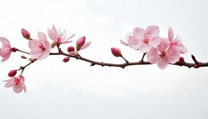 Obraz premium Cherry blossoms in all their glory on a sunny spring day. Close-up showing white petals, yellow-green stamens and pink buds on the branches of the tree with selective focus, sunny and blue sky day.11