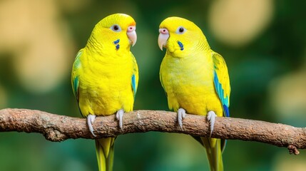 Fototapeta premium Vibrant yellow parakeets perched on a branch, showcasing their beautiful plumage in a natural green setting.