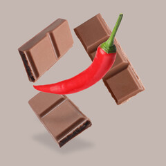 Pieces of chocolate and chili pepper in air on grey background