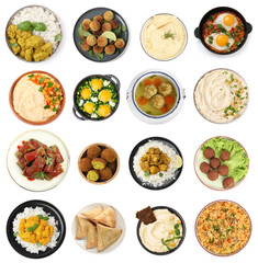 Hummus and other dishes of different national traditional cuisines on white background, top view. Collection