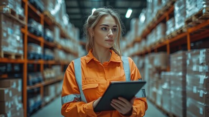Female Worker Managing Warehouse with Tablet. Focused female warehouse worker in an orange uniform using a tablet, overseeing inventory in a large, well-organized warehouse.