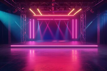 Empty neon concert stage lighting architecture illuminated.