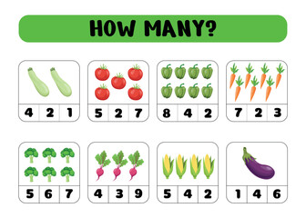 How many? Count how many vegetables there are and choose the correct number. Printable sheet vector illustration