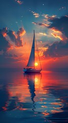 Minimalist blue calm lake boat illustration poster background