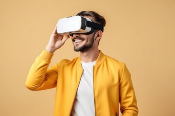 Smiling Man Wearing a Yellow Jacket and Virtual Reality Headset