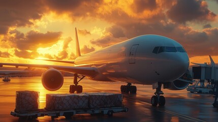Cargo Plane Ready for Loading at Sunset. Cargo plane waits on the tarmac at sunset, with pallets of goods ready for loading, highlighting the global logistics and air freight industry.