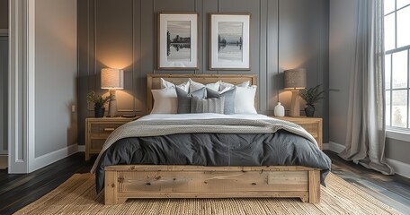 Luxurious Modern Bedroom with Wooden Frame, Grey and White Palette | Furniture Pieces & Decor