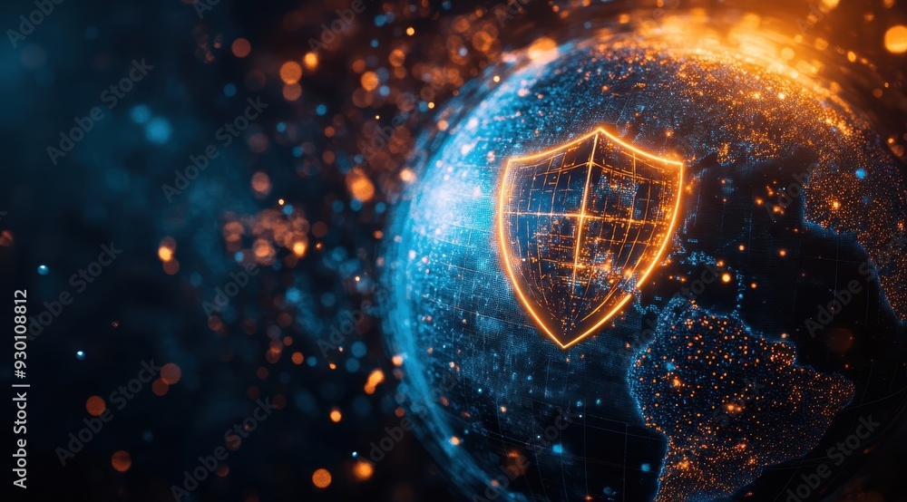 Poster a globe with the shape of an open shield on it, representing global security and protection against 