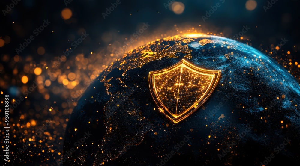 Poster a globe with the shape of an open shield on it, representing global security and protection against 
