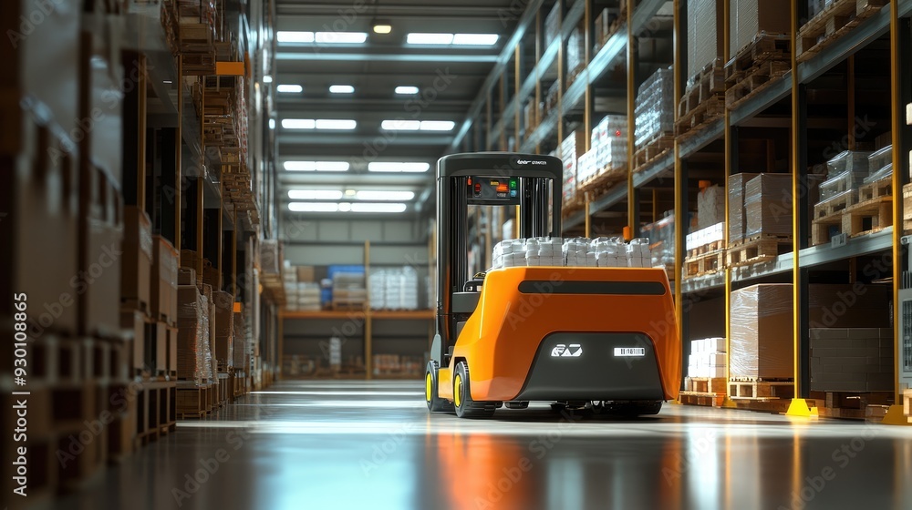 Poster a robotic forklift moving goods in a high-tech warehouse, showcasing ai-driven automation and machin