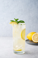 Freshness mojito drink with lemon, mint and ice. Citrus lemonade on a light background with fruits.