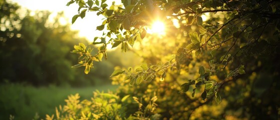 Obraz premium The sun shines through a tree's leaves, background is a grassy area with trees in the foreground