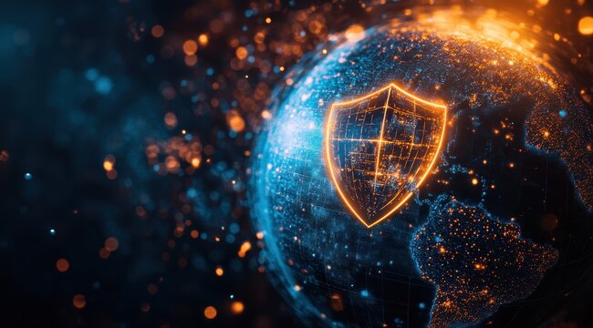 A globe with the shape of an open shield on it, representing global security and protection against digital burglars. 