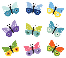 Cute butterfly collection, kids cartoon vector. Illustration isolated on white background. Color insect clipart. Baby shower design elements. Party invitation, birthday celebration. Spring, summer art