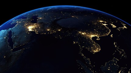 Obraz premium A satellite image of Earth at night, showing the bright city lights of Asia, with China and India standing out.