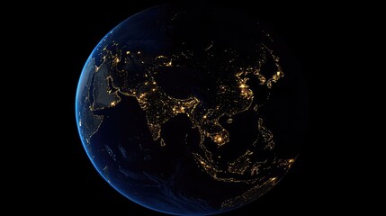 A satellite view of Earth at night, highlighting city lights across Asia, including China and India, glowing in the darkness.