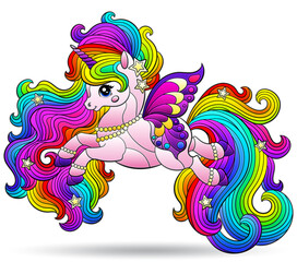 Stained glass illustration with cute cartoon unicorn , animal isolated on a white background