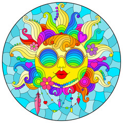 Illustration in stained glass style with fabulous sun with the face on the background of sky and clouds, round image