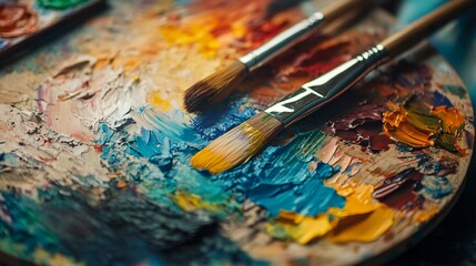 Fototapeta premium Vibrant Artists Palette with Mixed Paints and Brushes on Table