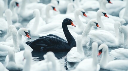 Obraz premium A single black swan surrounded by white swans, representing different leadership and the courage to be unique.