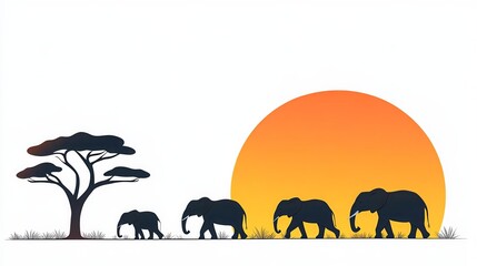 Silhouette of an elephant family walking at sunset with an African tree and large orange sun in the background.