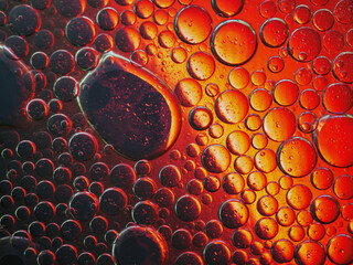 Abstract Background Red oil Macro Colorful artistic of oil drop floating on the water. macro red bubble oil of wallpeper, fizzyness bubble concept