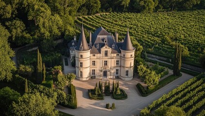 Stone castle, manicured gardens, vineyard.