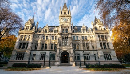 Fototapeta premium Stone building with clock tower and autumn leaves.