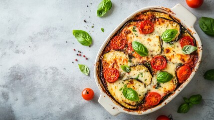 Delicious Baked Eggplant with Tomatoes, Cheese, and Basil Garnish