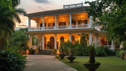 Obraz premium Lit colonial mansion with lush greenery.