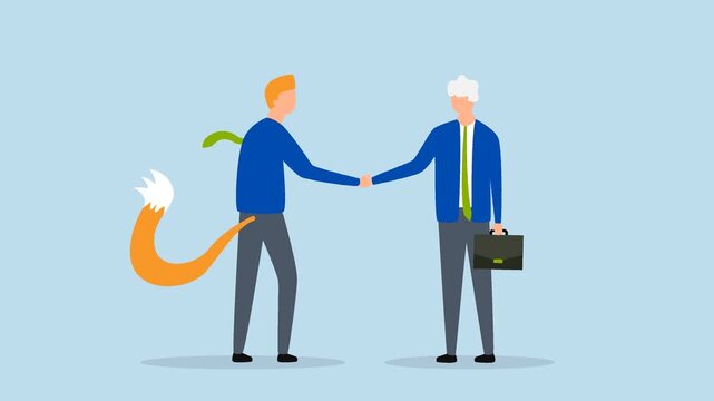Dishonesty business deal, 4k animation of businessman shakes hands with one as a sacrificial lamb and with other as a hunting wolf.