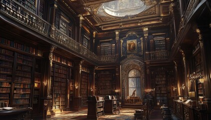 Fototapeta premium Ornate library with bookshelves and a grand window.