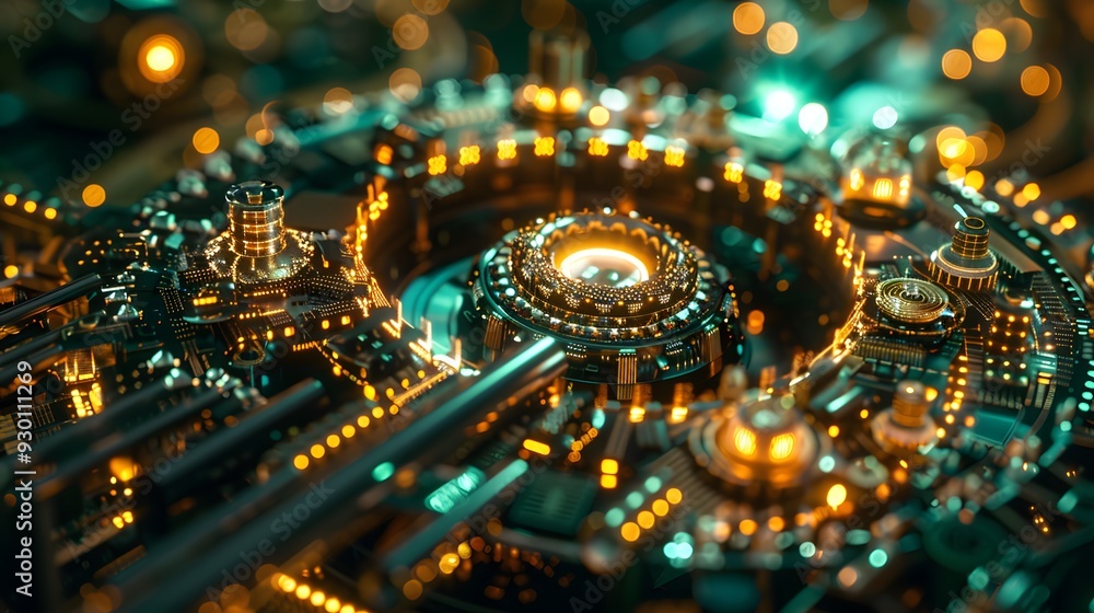 Poster a detailed visualization of quantum gates manipulating qubits, presented as intricate and futuristic