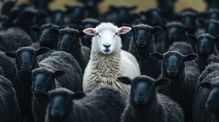 A white sheep leading a group of black sheep, highlighting the concept of being different and special.