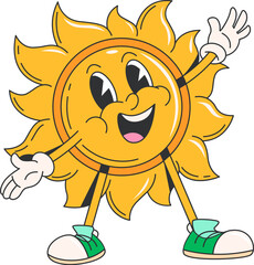 Cartoon retro groovy sun character. Vintage hippie vector personage of happy summer sunshine with cheerful smile and open arms offering hugs. Funny groovy yellow sun emoji, warm sunny weather emoticon