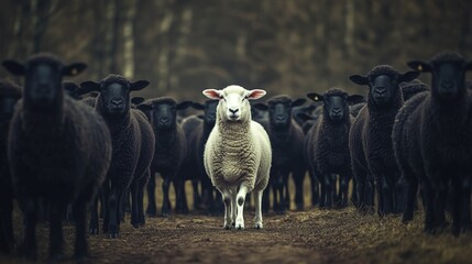 Fototapeta premium A white sheep leading a group of black sheep, highlighting the concept of being different and special.