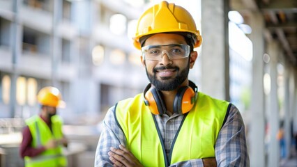 Indian Builder with Safety Gear - Builder fully equipped with safety gear, ready to work on the construction site.
