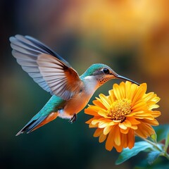 A hummingbird hovers in mid-air while feeding on a vibrant orange flower, capturing a moment of nature’s beauty and grace.