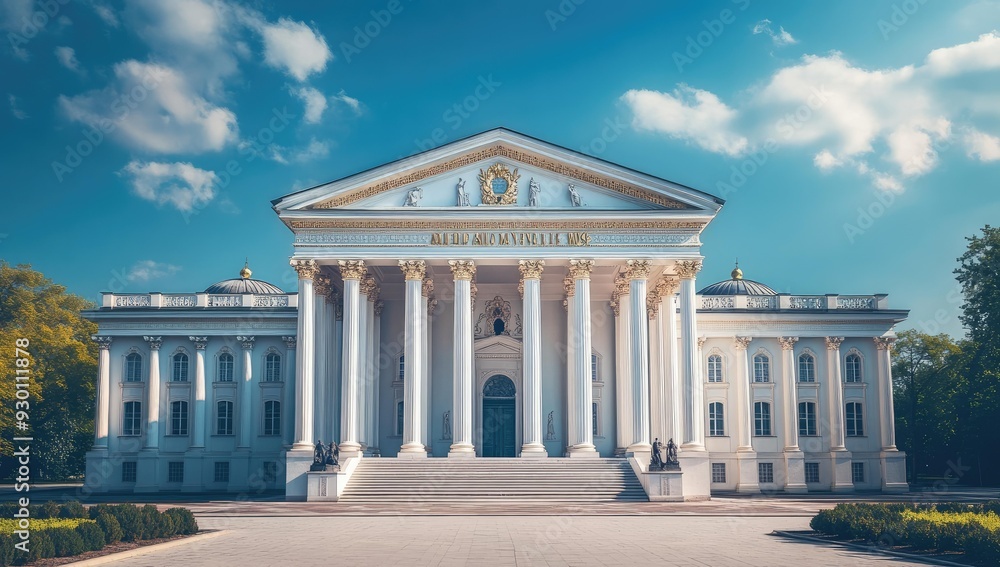 Poster neoclassical building with columns and steps.