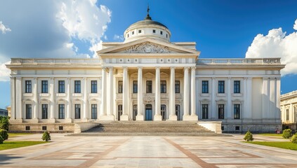 White neoclassical building with columns and stairs.