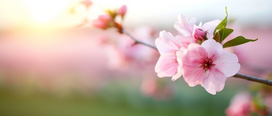 Obraz premium A pink flower in focus on a branch against a sunlit backdrop, background softly blurred