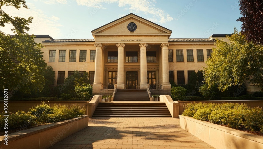 Poster stone building with columns and steps.