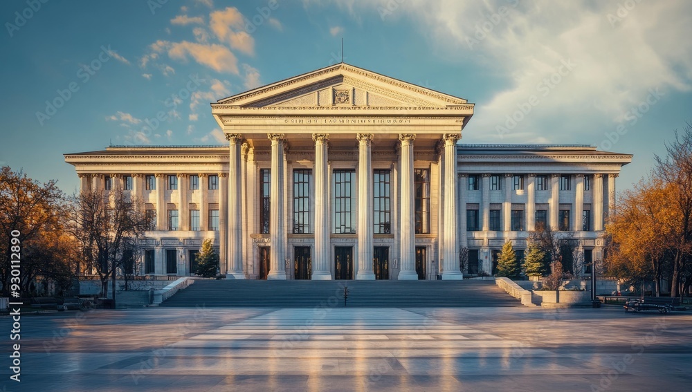 Poster large classical building with columns and steps.
