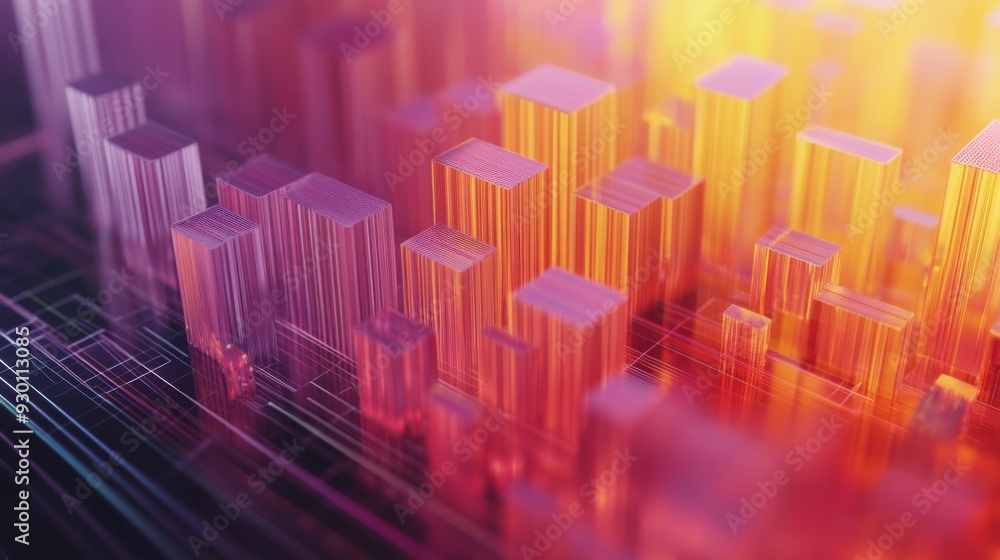 Aufkleber A 3D chart with multiple layers of transparent bars rising from a grid, illustrating complex data trends in a visually striking manner.