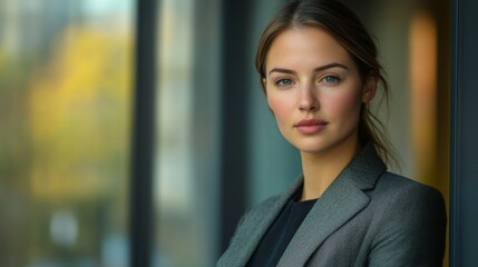 Naklejka premium A clear, high-definition portrait of a businesswoman with a serious yet approachable demeanor, dressed in executive attire and ready for a meeting.