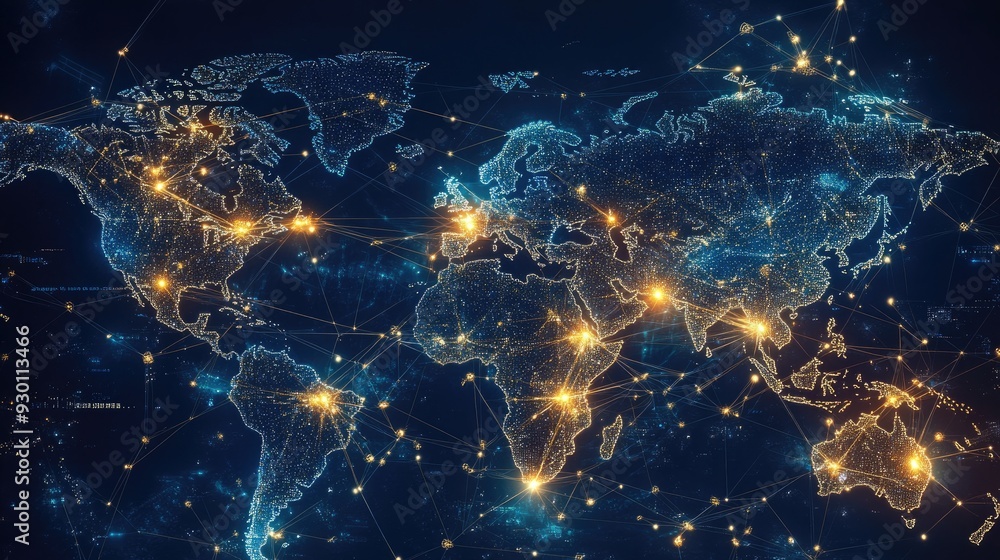 Poster an abstract map of the world with digital connections, symbolizing international data transfer and g