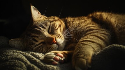 A close-up view of an overweight cat stretched out on its side, softly breathing while in deep sleep, with its fur gently illuminated.
