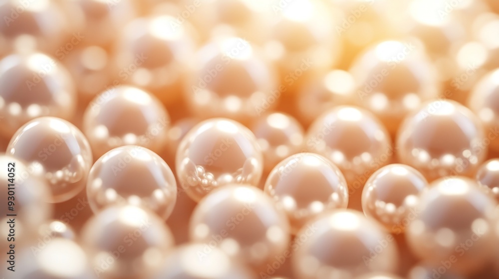 Poster a cluster of pearls up close, glowing softly under warm light, arranged in a delicate, elegant patte