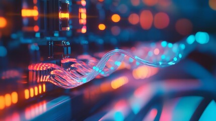 A close-up view of vibrant electric waves pulsing through cables in a high-tech industrial setting, symbolizing the flow of energy and innovation.
